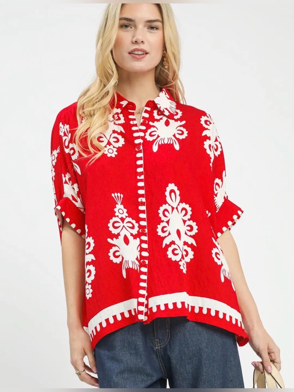 Umgee Abstract Print Button Down Short Sleeve Shirt - Picture 1 of 5